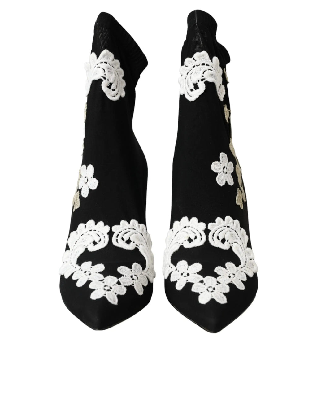 Dolce & gabbana bottines noires en cuir avec broderie florale blanche et accents dorés subtils slip on