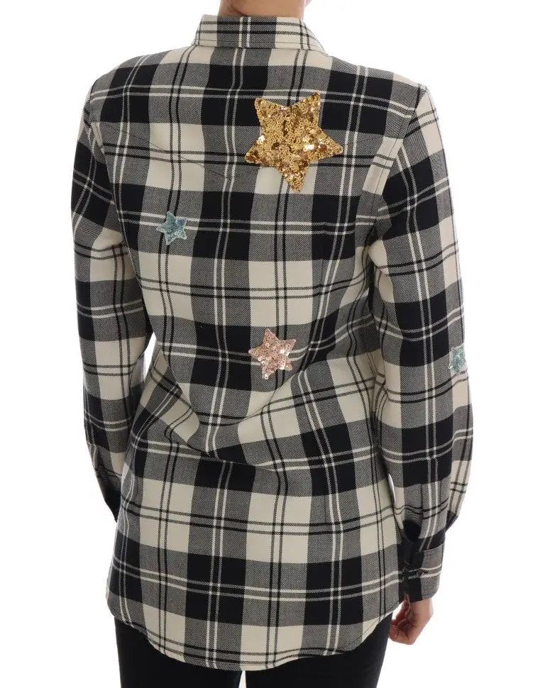 Blouse dolce & gabbana noire et blanche à carreaux avec patchs étoiles en sequins sur tissu cristallisé