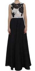 Robe fourreau en soie noire et blanche avec embellissements floraux sans manches et jupe fluide par Dolce & Gabbana