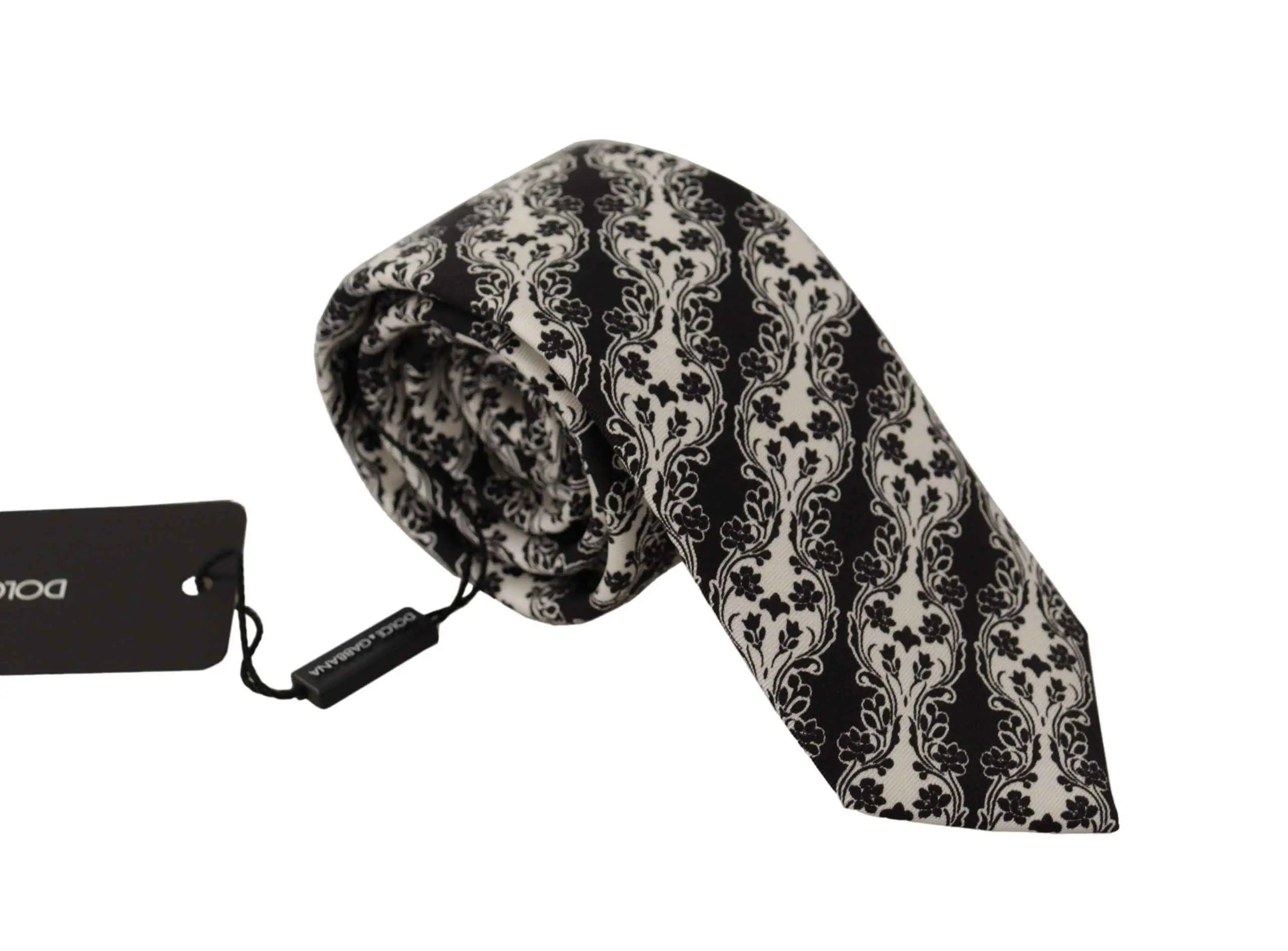 Cravate ajustable en soie noire et crème à motif damas de dolce & gabbana pour homme