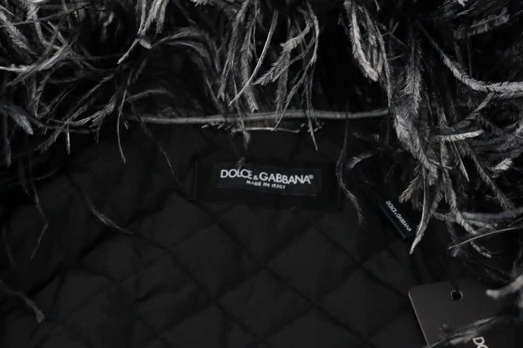 Veste dolce & gabbana noire matelassée avec col en fourrure blanche et fermeture éclair intégrale