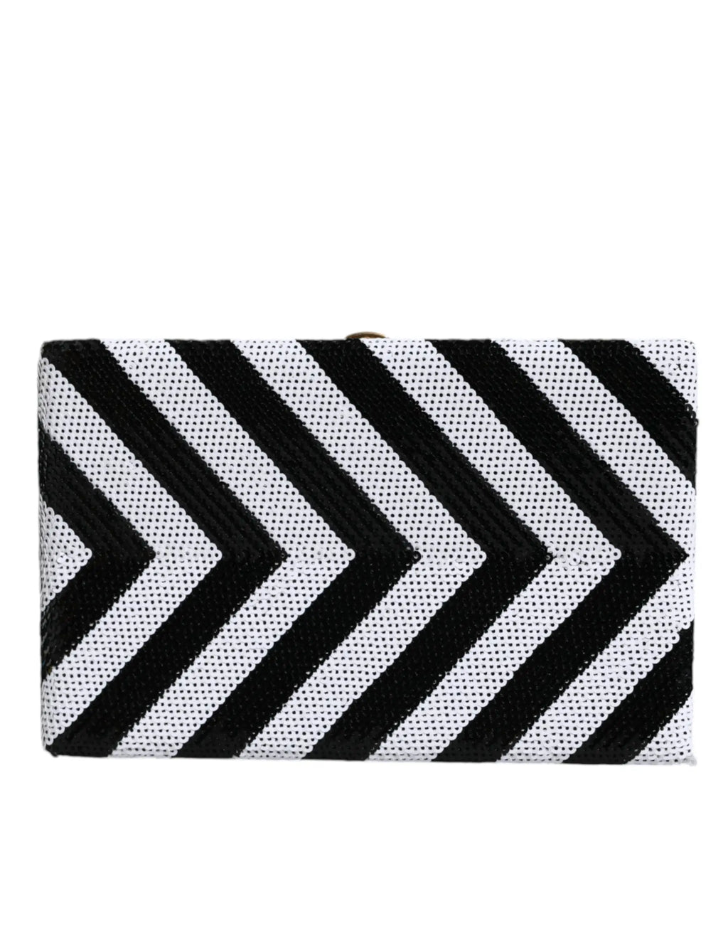 Dolce & gabbana clutch noir et blanc à motif chevron en tissu tissé texturé avec cadre doré pour soirée élégante