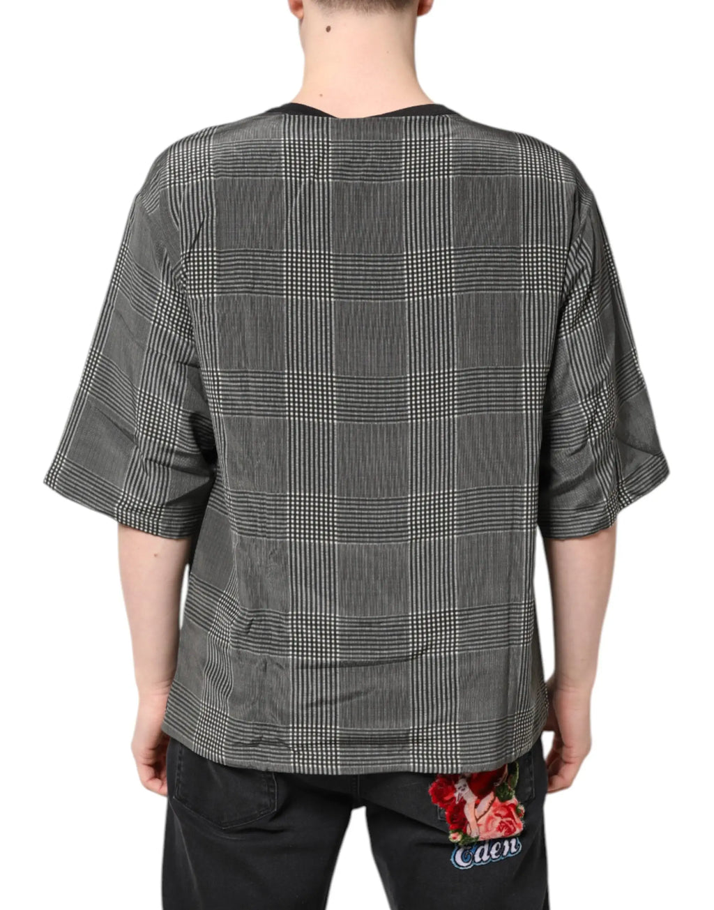 Dolce & gabbana t-shirt manches courtes noir et blanc avec imprimé graphique et tissu texturé gris à carreaux blancs