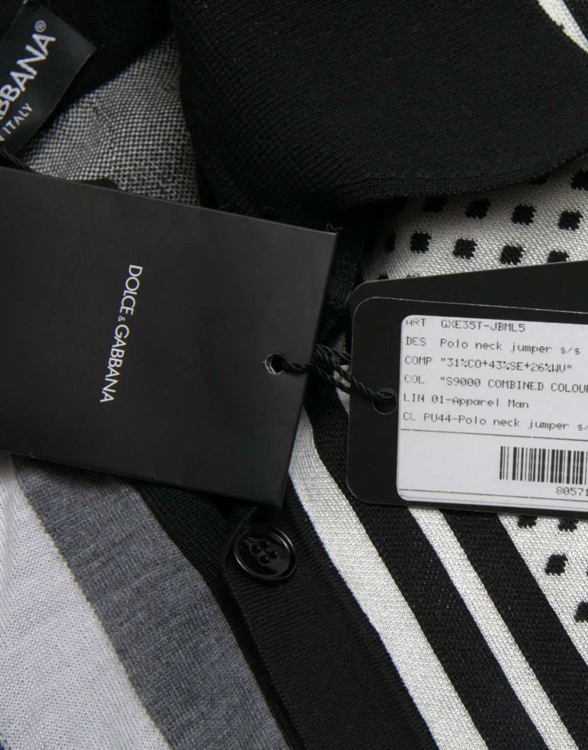 Dolce gabbana pull col polo noir et blanc rayé avec tissage texturé subtil en maille fine