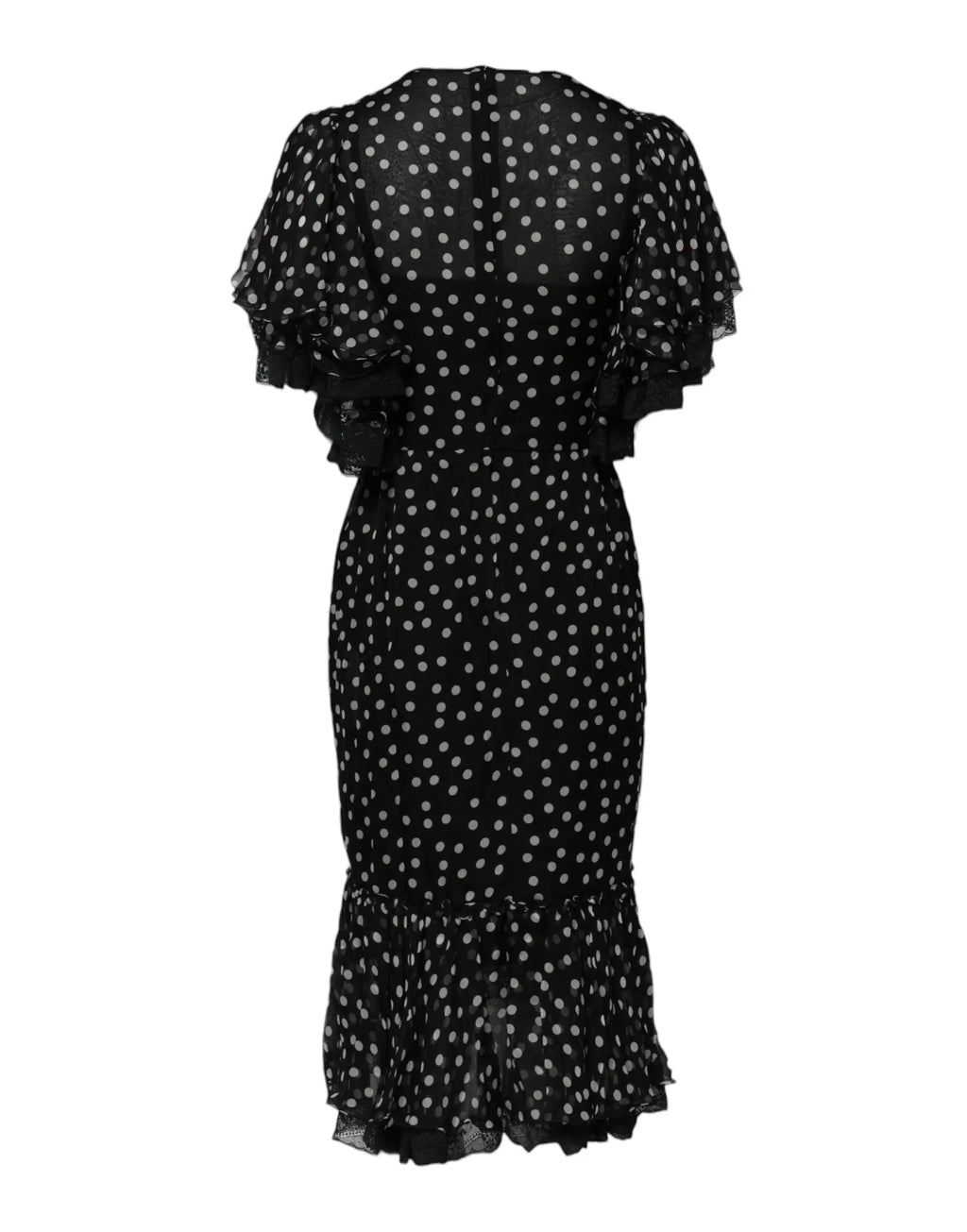 Robe midi noire à pois blanche en chiffon dentelle dolce gabbana avec tissu transparent manches courtes et volants