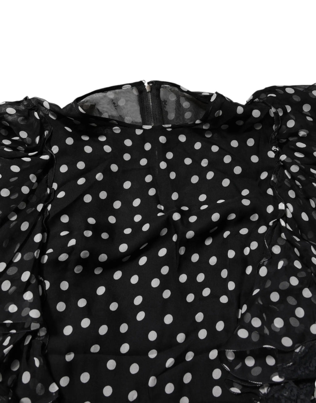 Blouse noire à pois avec manches volantées en voile et fermeture éclair centrale dolce gabbana