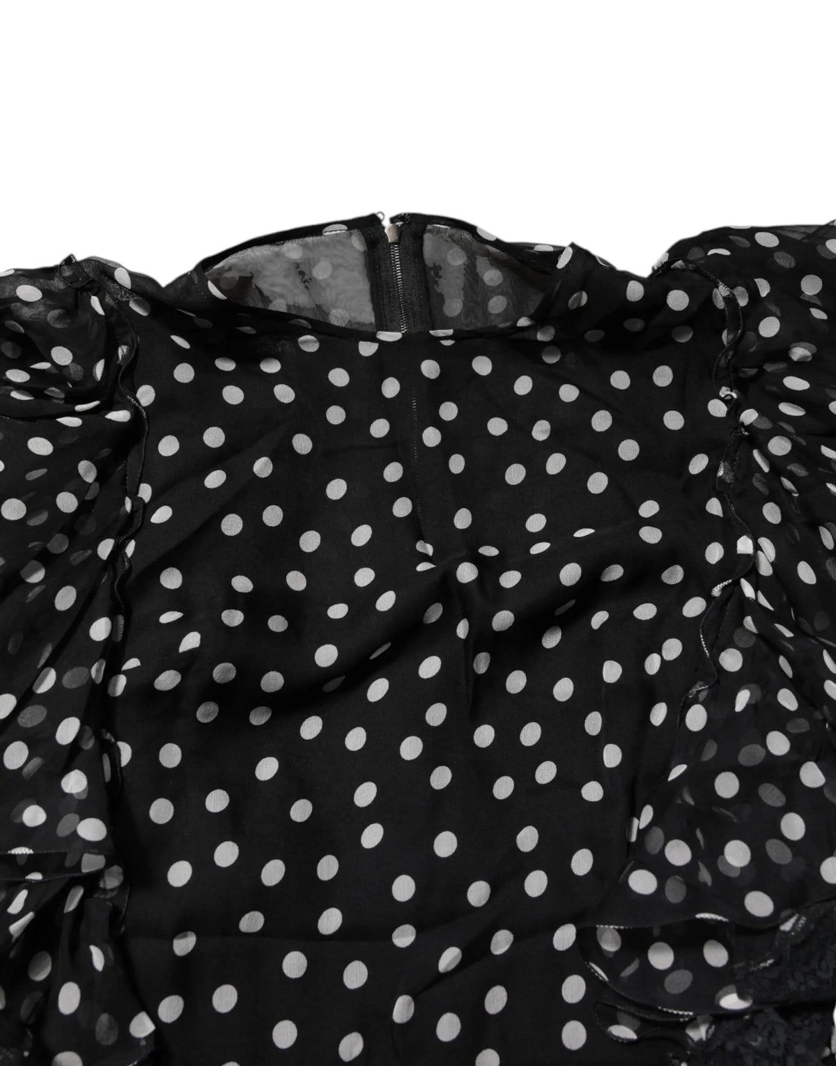 Blouse noire à pois avec manches volantées en voile et fermeture éclair centrale dolce gabbana