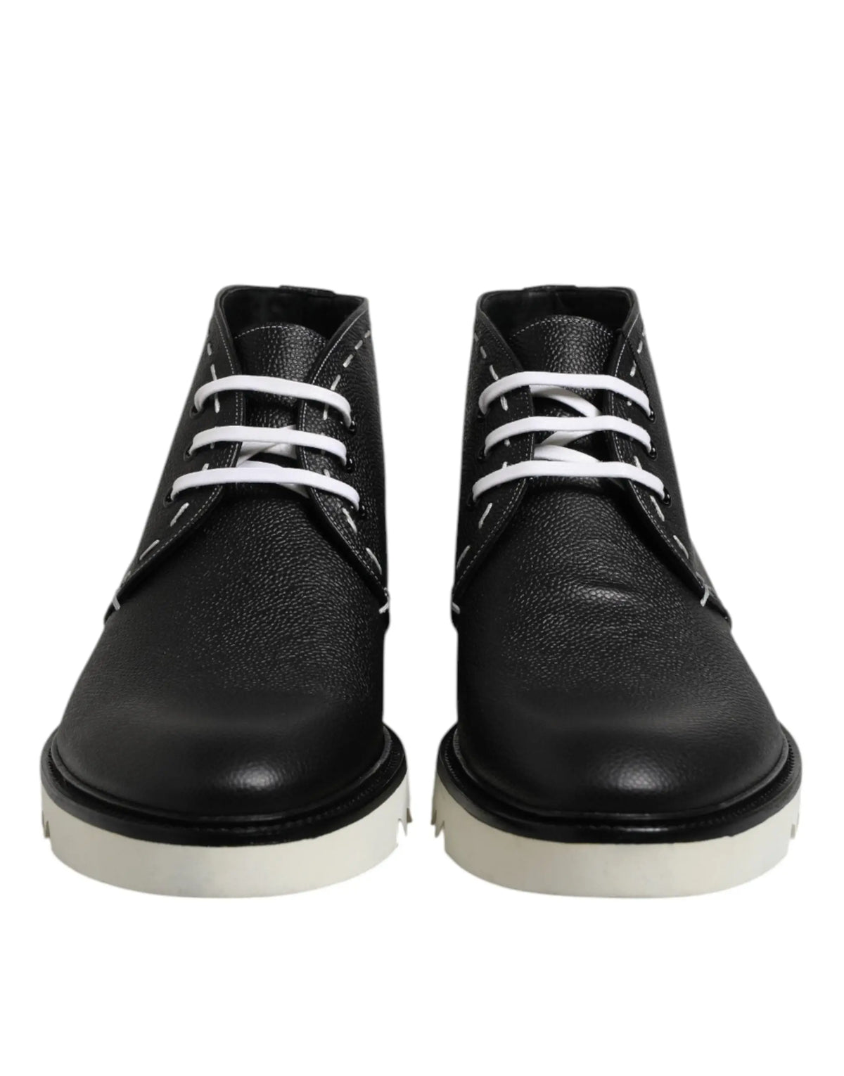 Dolce & gabbana bottines en cuir noires avec lacets blancs et semelle gomme écrue contrastante