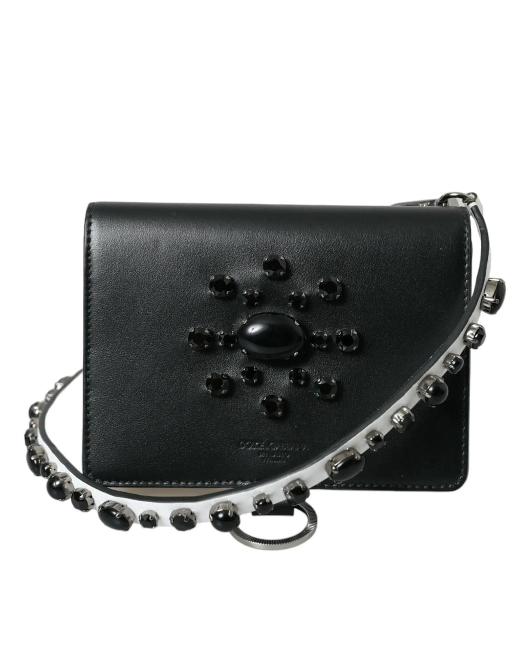 Sac bandoulière en cuir noir dolce & gabbana avec ornement ovale noir et chaîne argentée à perles alternées noires et argentées