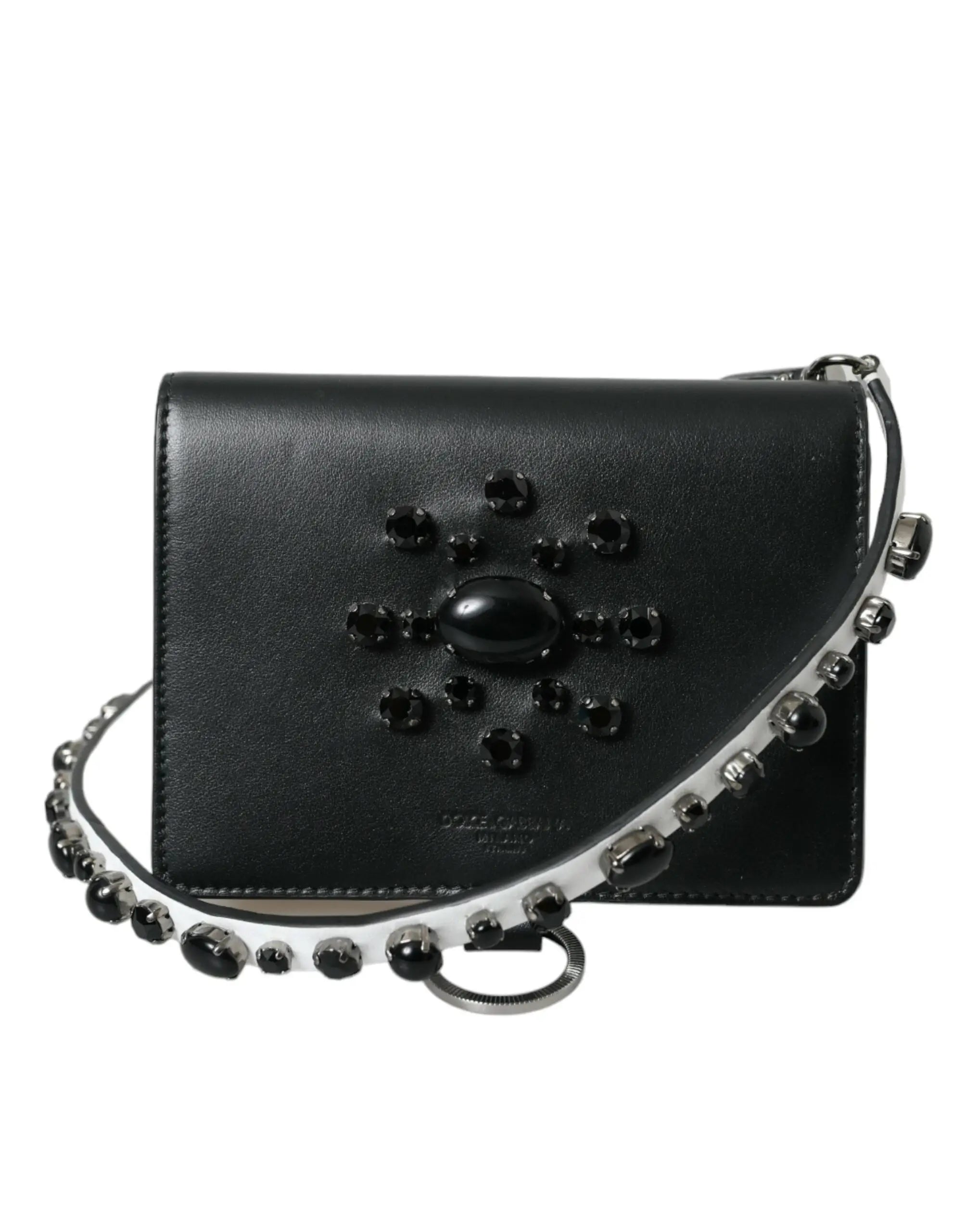 Sac bandoulière en cuir noir dolce & gabbana avec ornement ovale noir et chaîne argentée à perles alternées noires et argentées