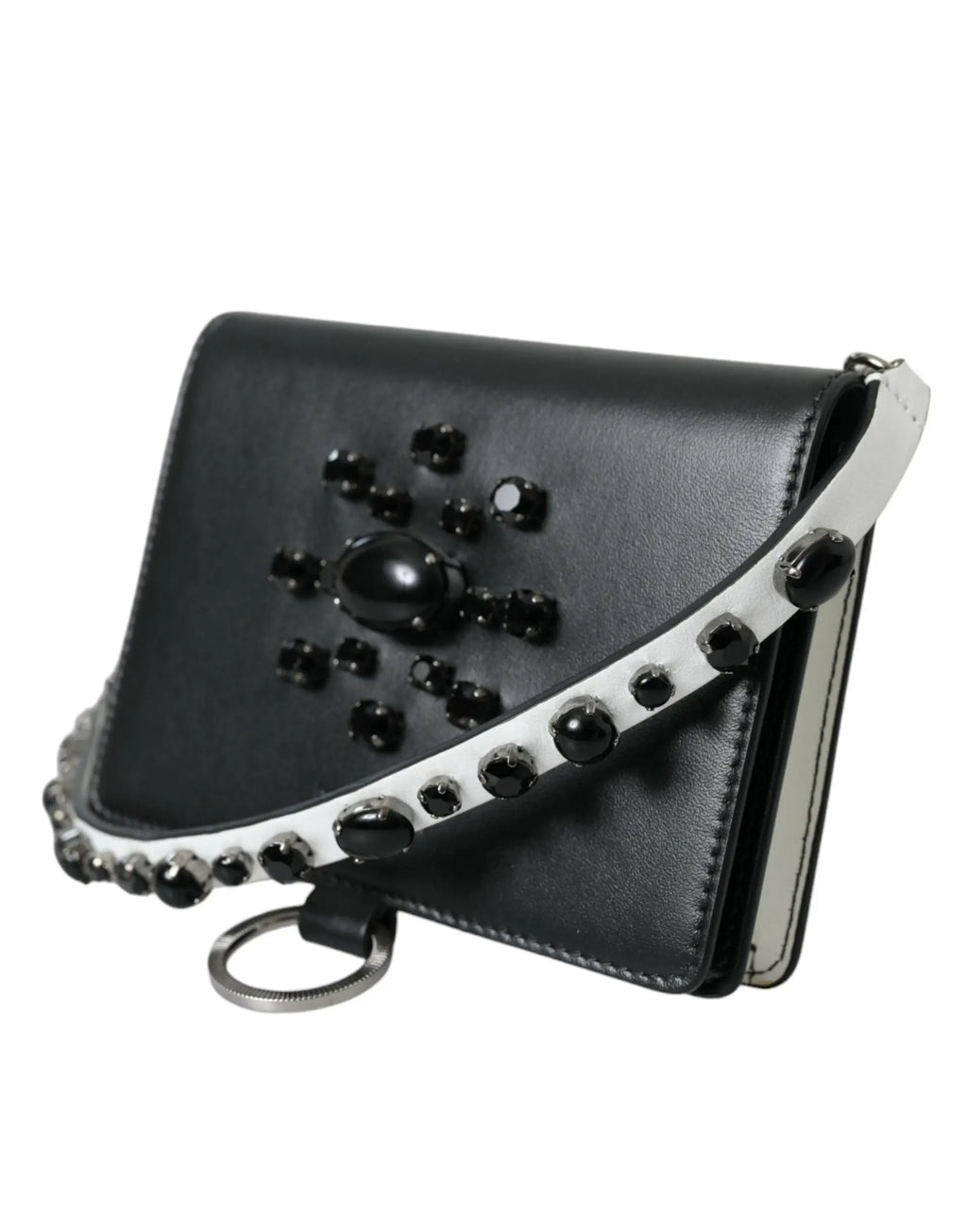 Dolce & gabbana portefeuille porte-cartes en cuir noir et blanc avec bandoulière ornée de perles et centre ovale