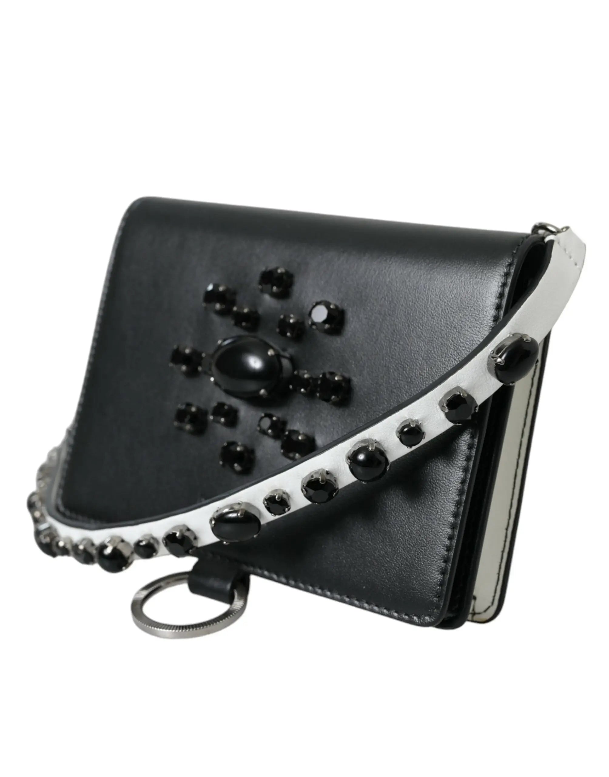 Dolce & gabbana portefeuille porte-cartes en cuir noir et blanc avec bandoulière ornée de perles et centre ovale
