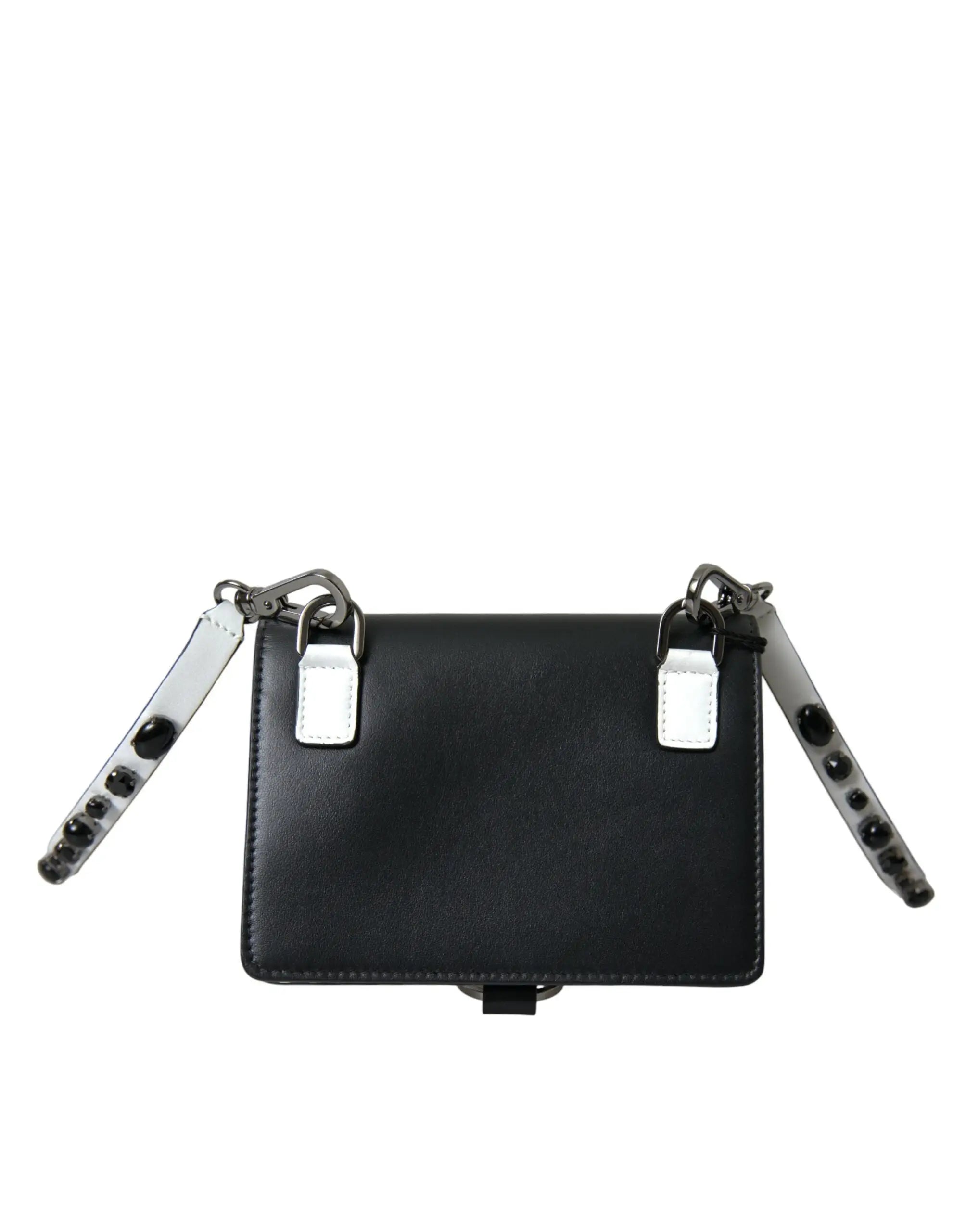 Sac bandoulière en cuir noir dolce & gabbana avec hardware argenté et perles décoratives sur les bretelles réglables