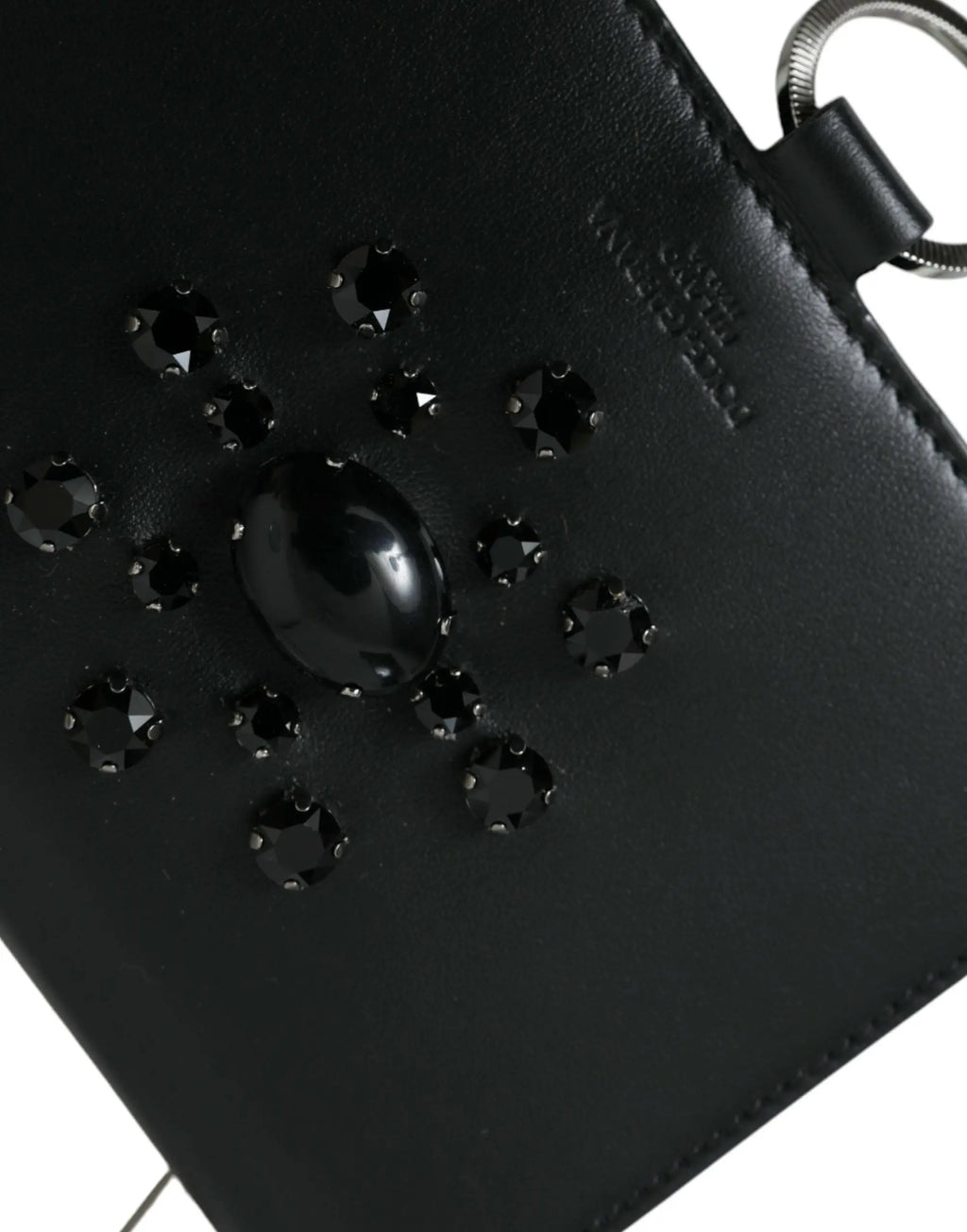 Dolce & gabbana black white leather cardholder wallet with black leather clutch and central oval gem embellishment
