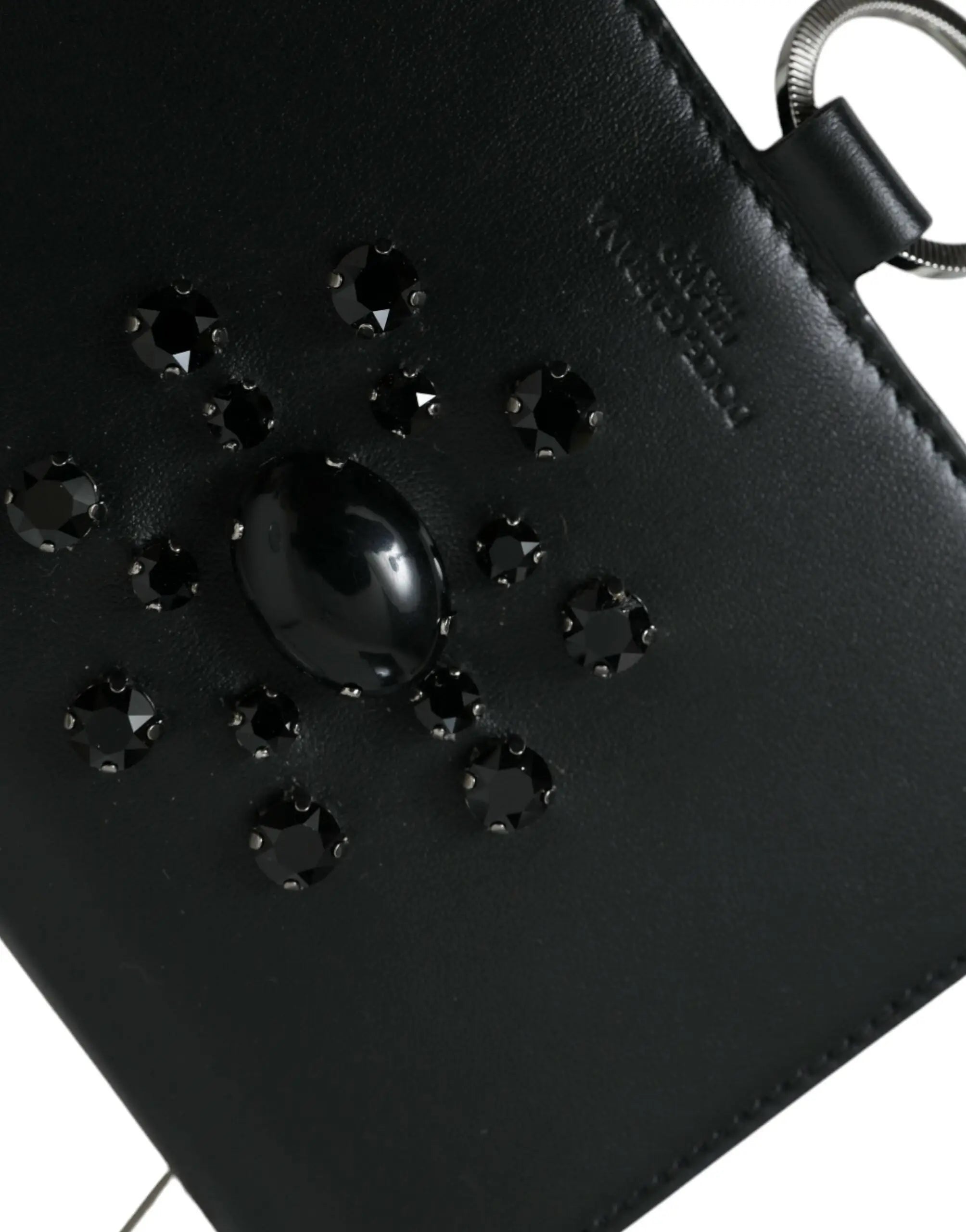 Dolce & gabbana black white leather cardholder wallet with black leather clutch and central oval gem embellishment