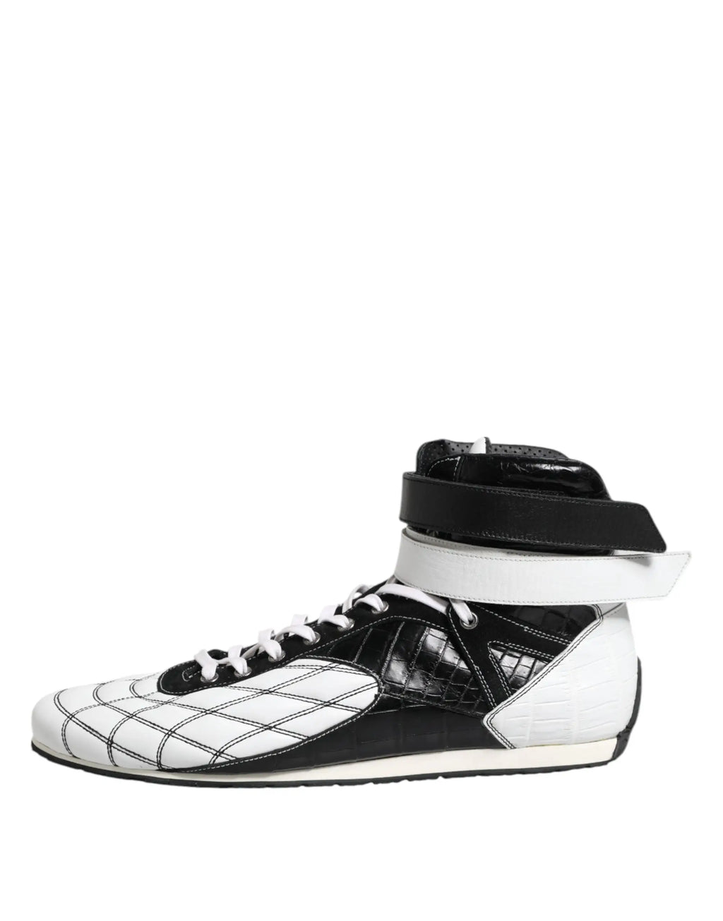 Dolce & gabbana baskets montantes noires et blanches en cuir avec panneaux matelassés et accents croco embossés