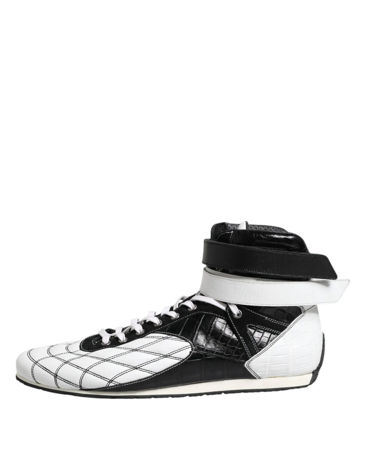 Dolce & gabbana baskets montantes noires et blanches en cuir avec panneaux matelassés et accents croco embossés