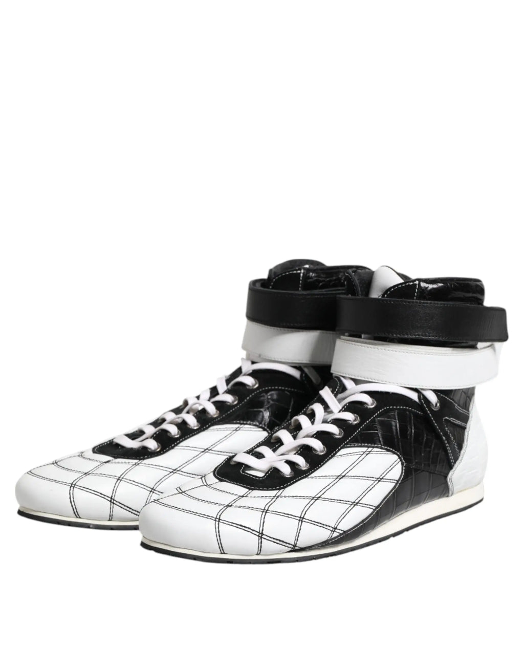 Dolce & gabbana baskets montantes en cuir noir et blanc embossé crocodile avec lacets contrastants