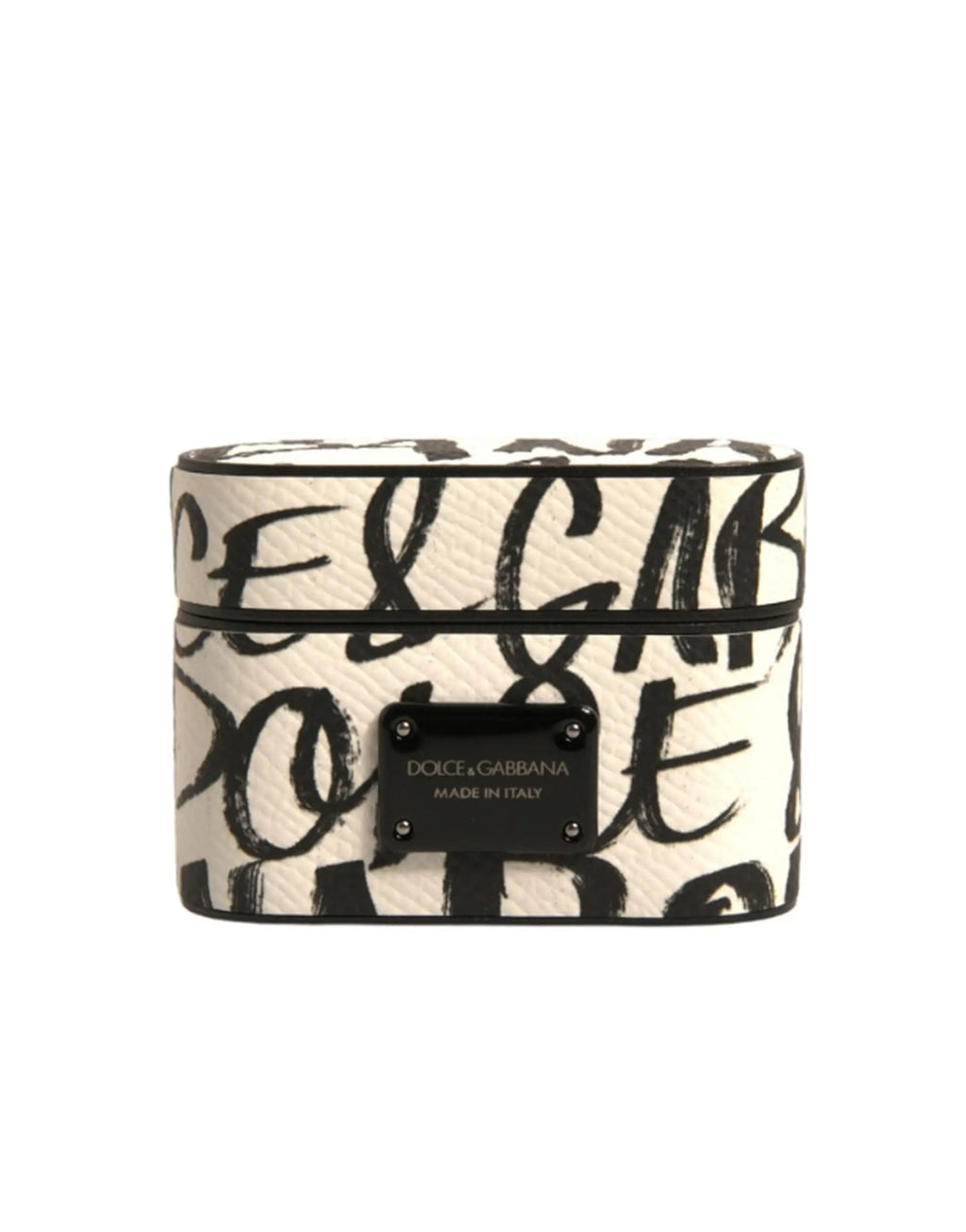 Étui airpods rectangulaire en cuir crème dolce gabbana avec lettrage noir et plaque métal noire made in italy