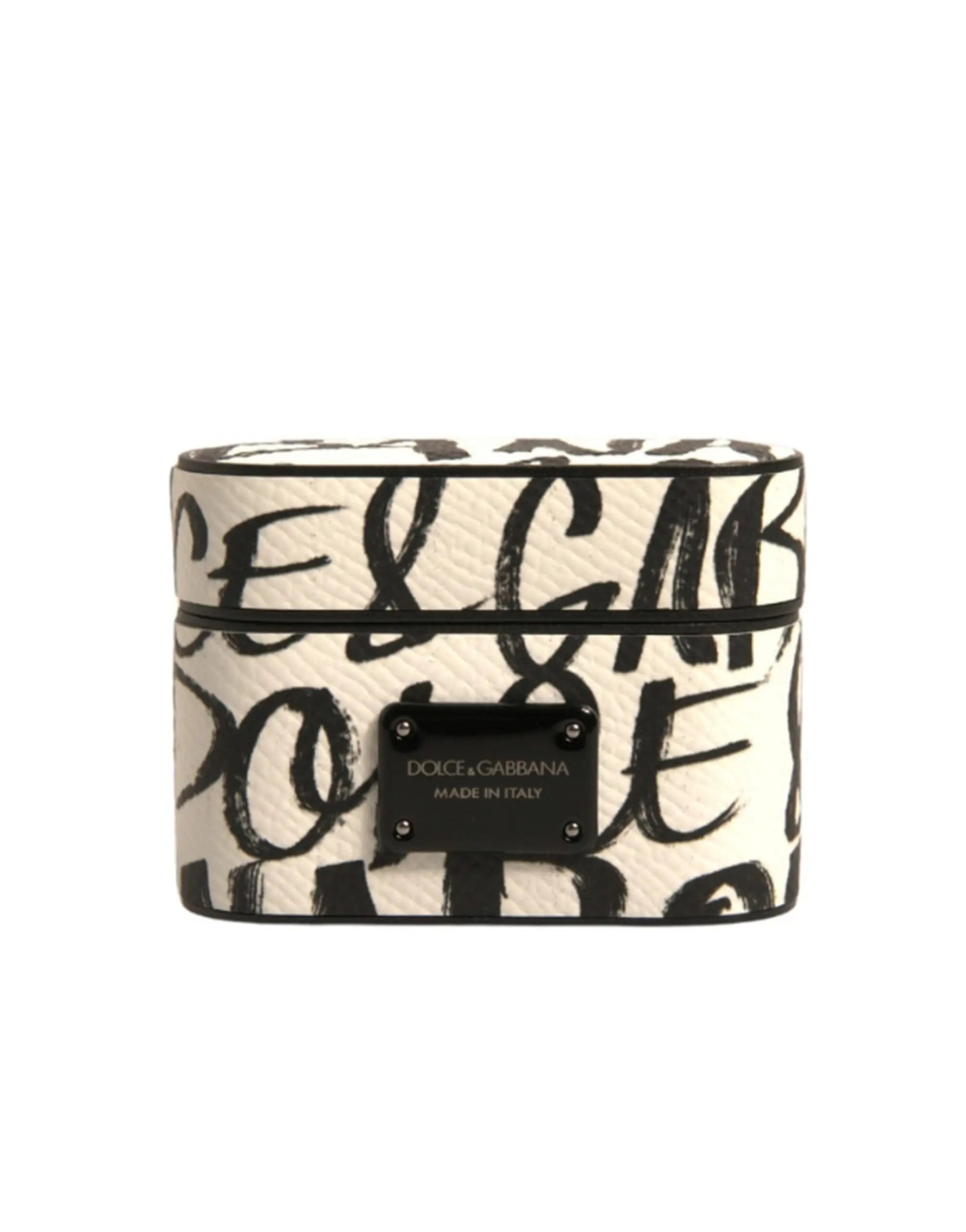 Étui airpods rectangulaire en cuir crème dolce gabbana avec lettrage noir et plaque métal noire made in italy