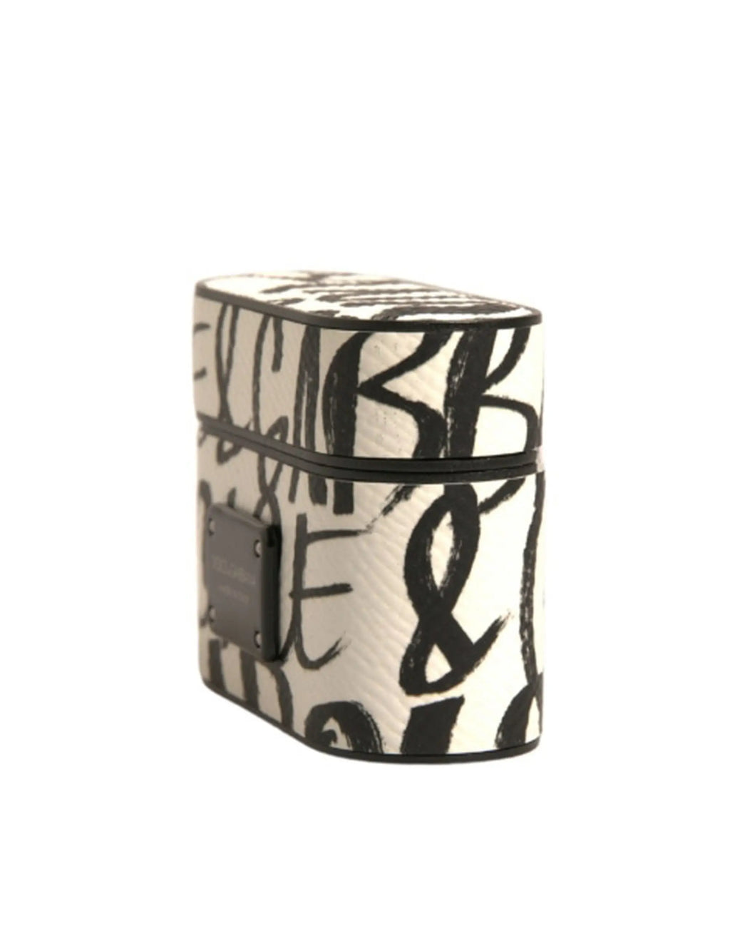 Étui airpods dolce & gabbana noir blanc en cuir embossé style graffiti avec surface texturée rectangulaire