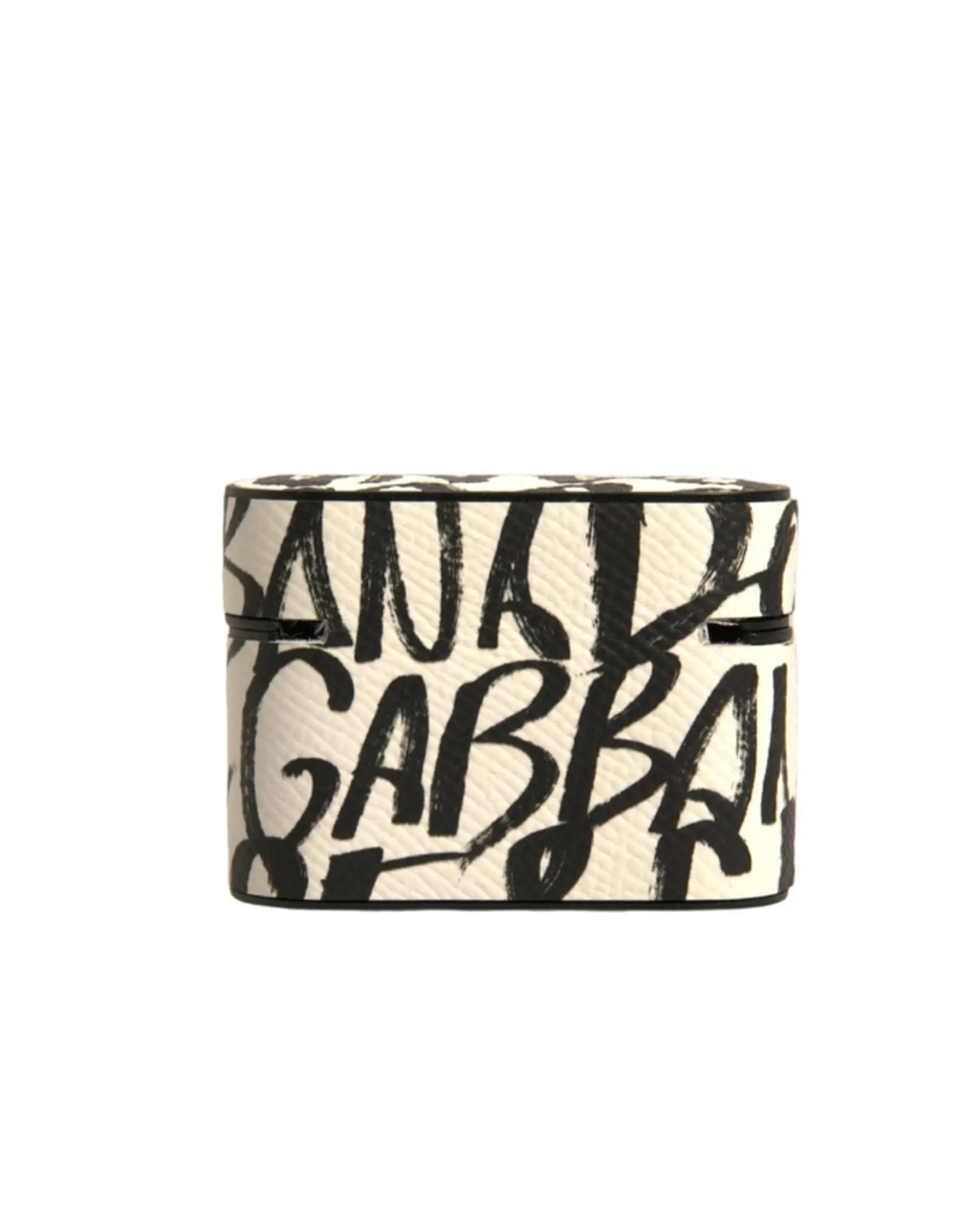 Étui à airpods dolce & gabbana cylindrique crème en cuir embossé logo noir blanc avec lettrage brosse noir