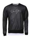 Pull en maille noir dolce & gabbana avec logo blanc en cursive argentée et motif texturé subtil