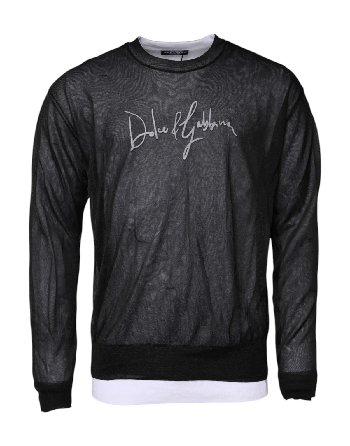 Pull en maille noir dolce & gabbana avec logo blanc en cursive argentée et motif texturé subtil