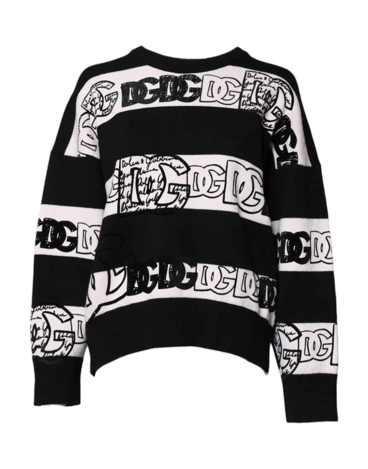 Pull over en laine dolce & gabbana noir et blanc à rayures avec logo dg stylisé en motif répétitif sur corps et manches