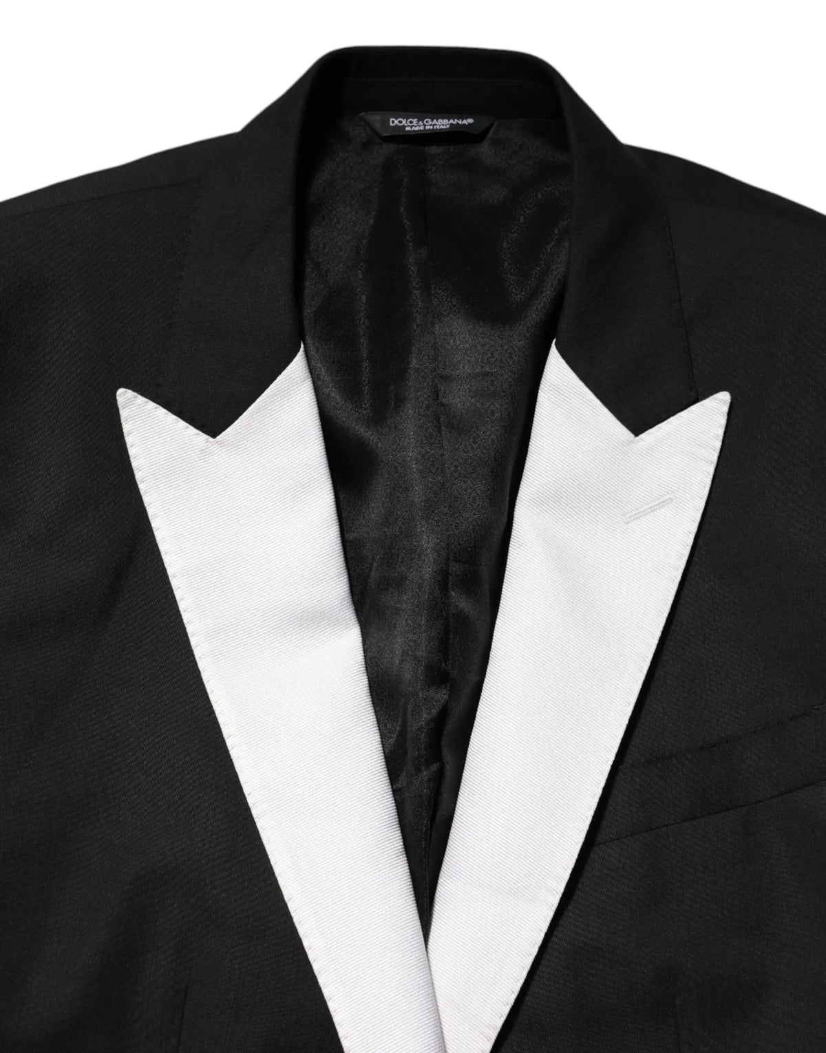 Veste de costume dolce & gabbana martini noire pour homme avec revers en satin blanc net et fermeture à un bouton
