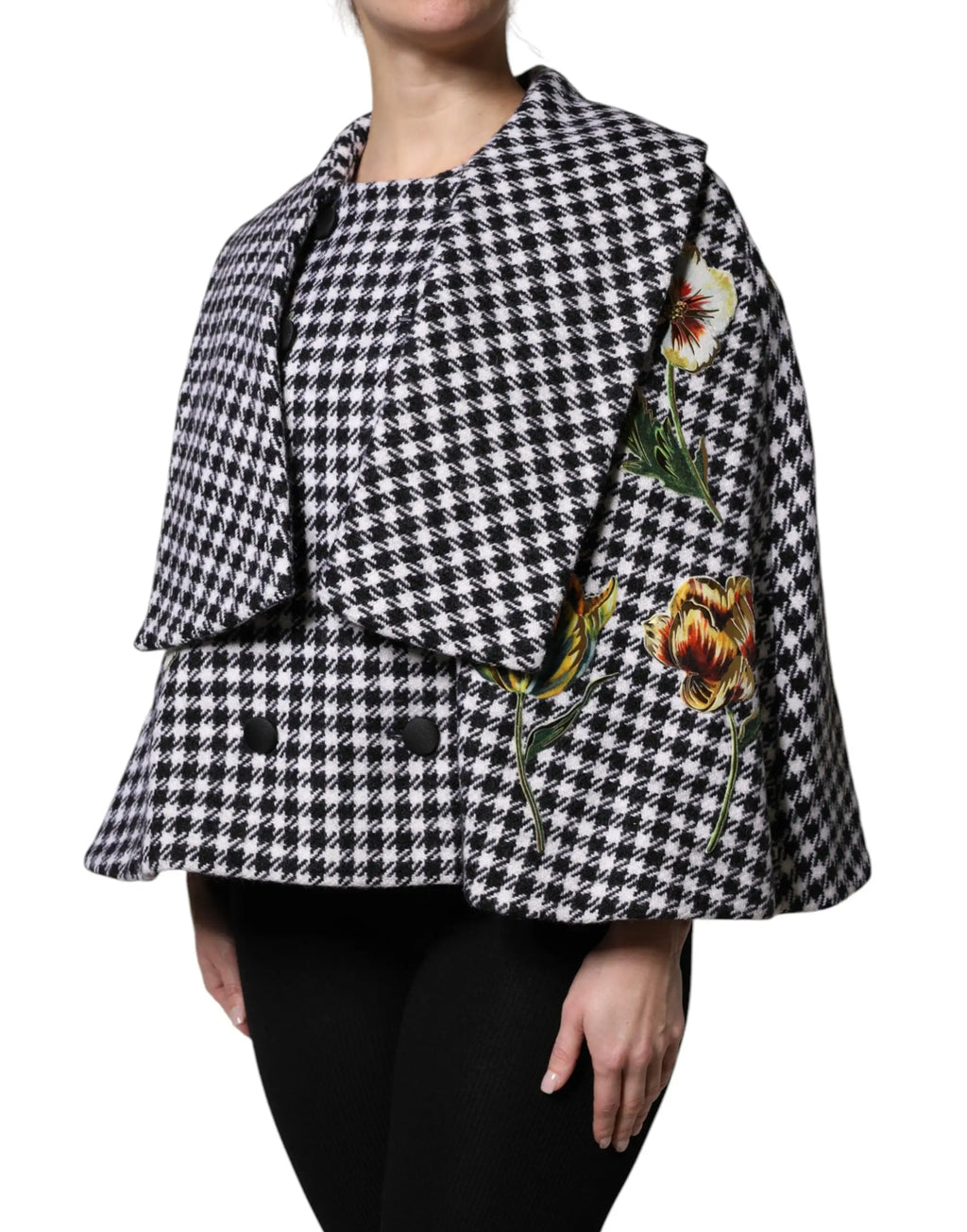 Cape noire et blanche à motif pied-de-poule avec broderies florales de dolce & gabbana