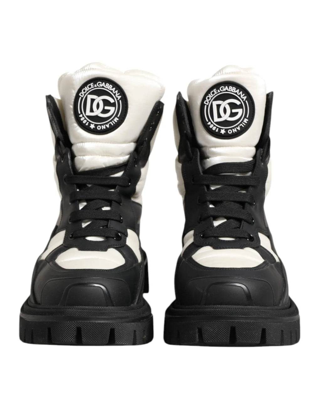 Bottes courtes noires et blanches dolce gabbana à lacets rembourrées avec semelle épaisse et détails matelassés