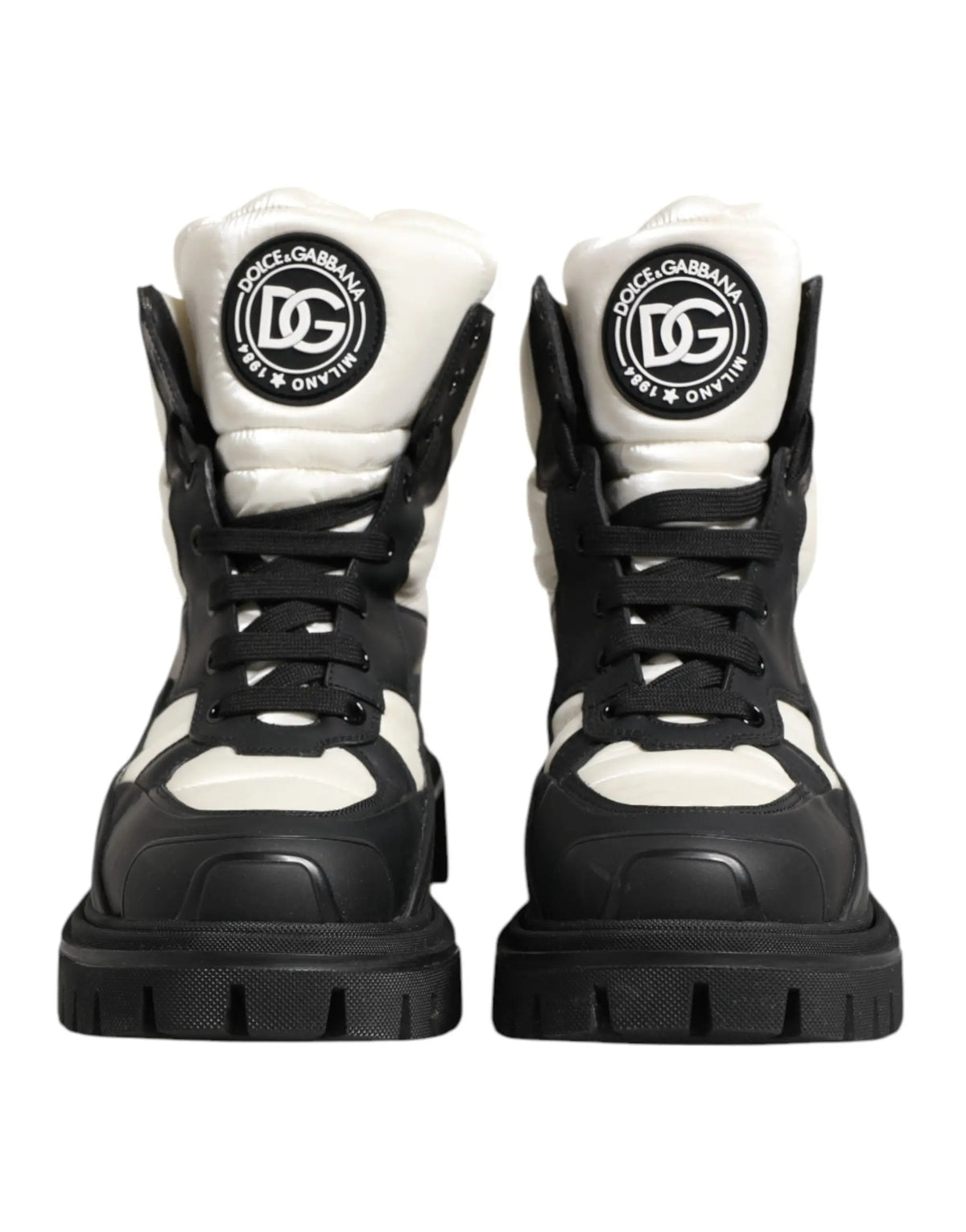 Bottes courtes noires et blanches dolce gabbana à lacets rembourrées avec semelle épaisse et détails matelassés