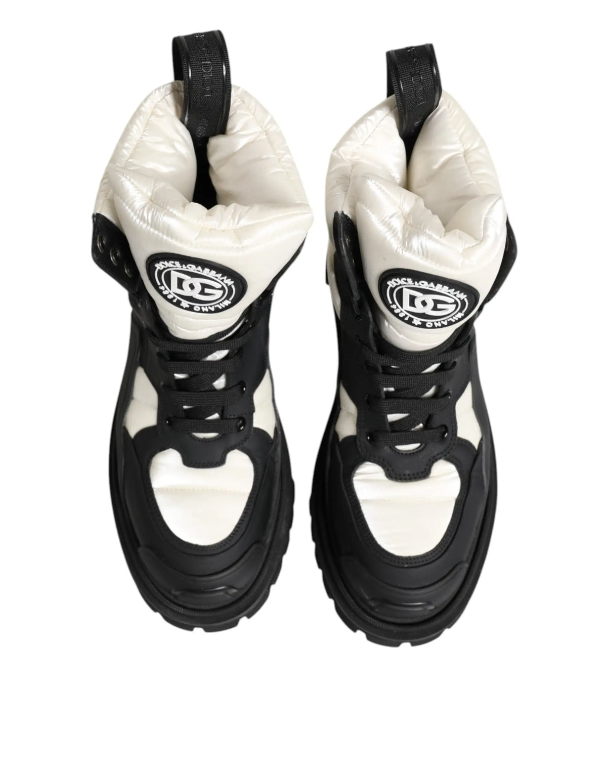 Dolce & gabbana bottines courtes rembourrées noires et blanches en cuir matelassé avec semelle épaisse et lacets