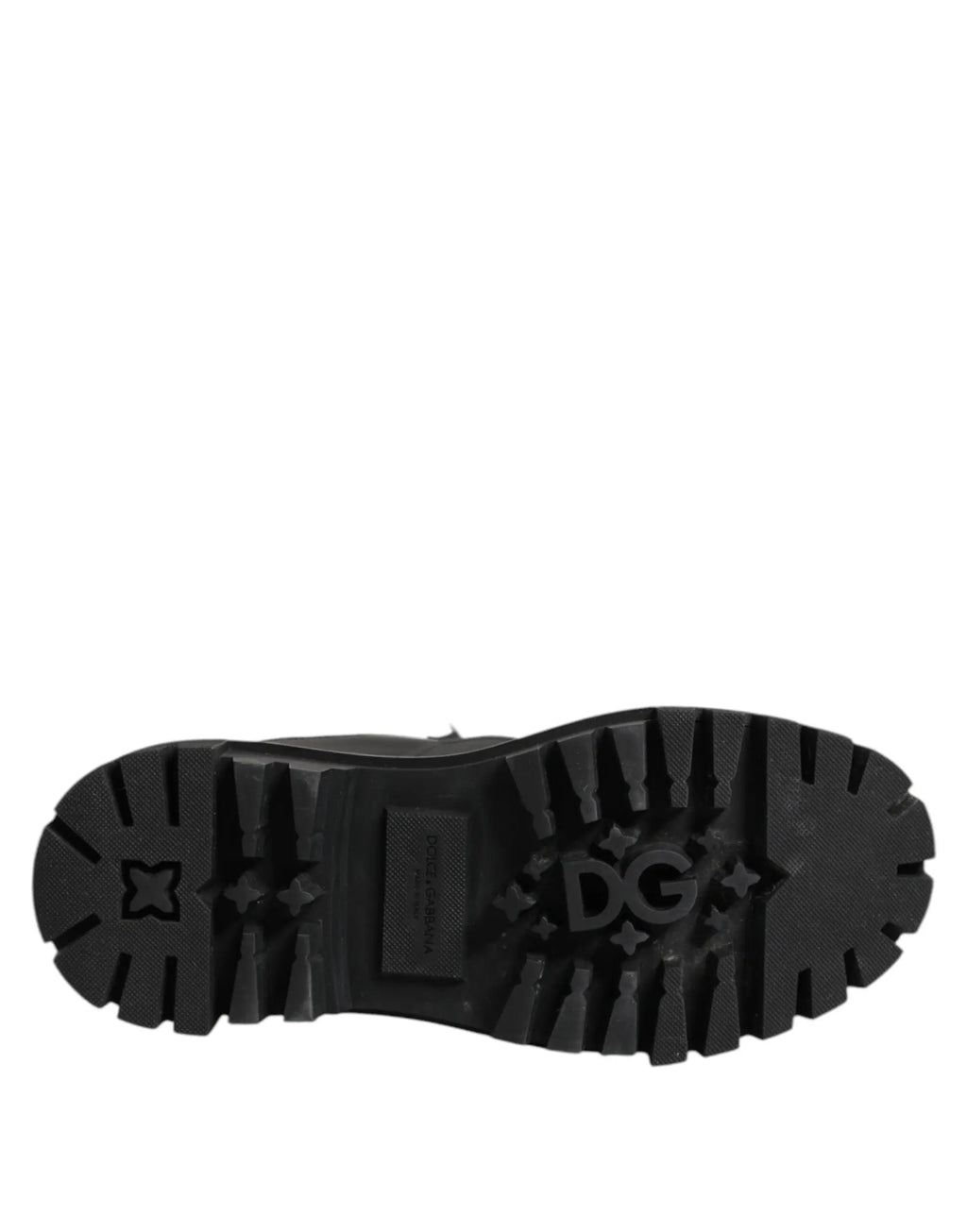 Semelle extérieure noire en caoutchouc avec logo dg embossé et motifs d étoiles pour bottines courtes dolce gabbana noir blanc rembourrées à lacets