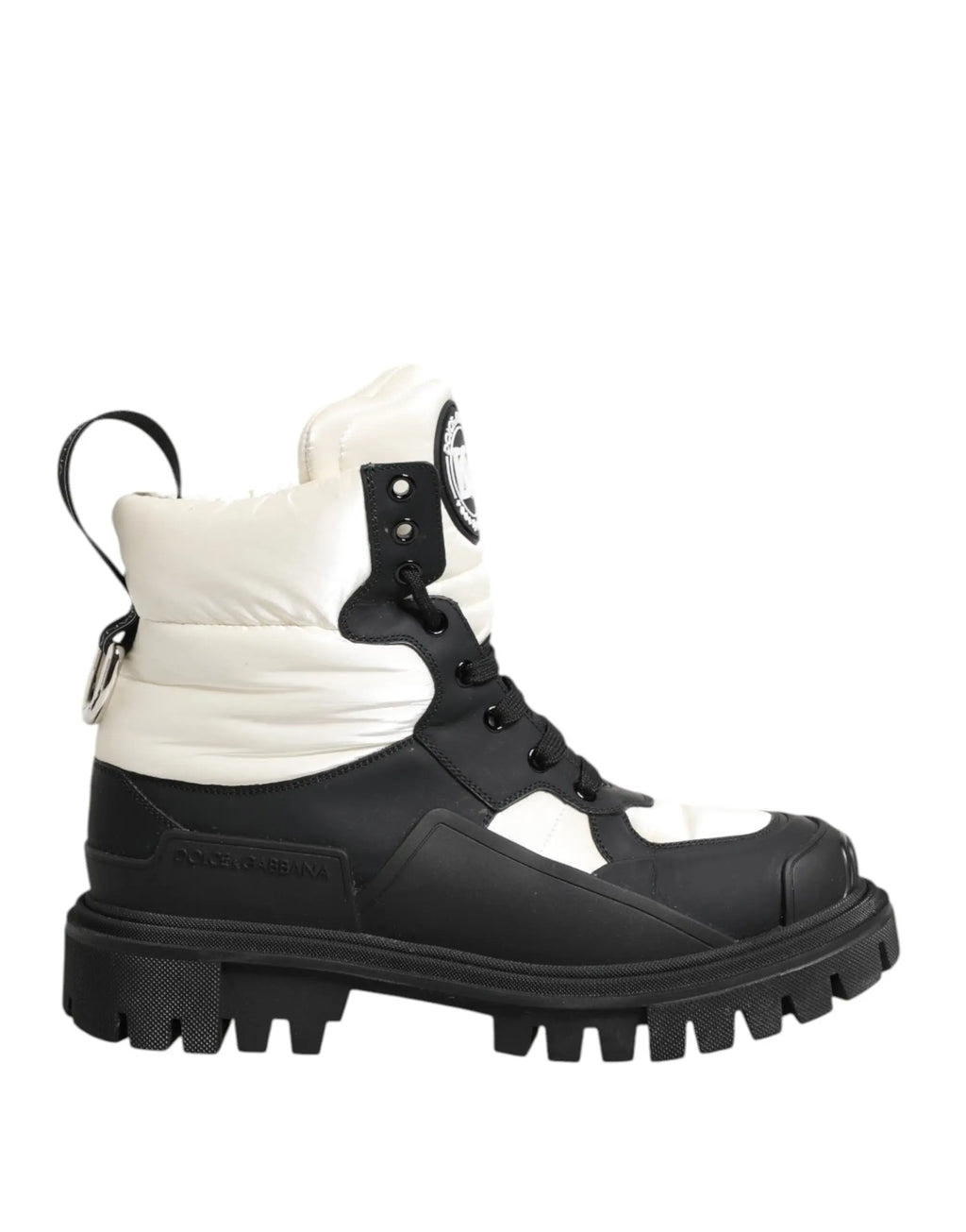 Dolce & gabbana bottes courtes noires et blanches en toile matelassée avec fermeture lacée et semelle en caoutchouc épaisse