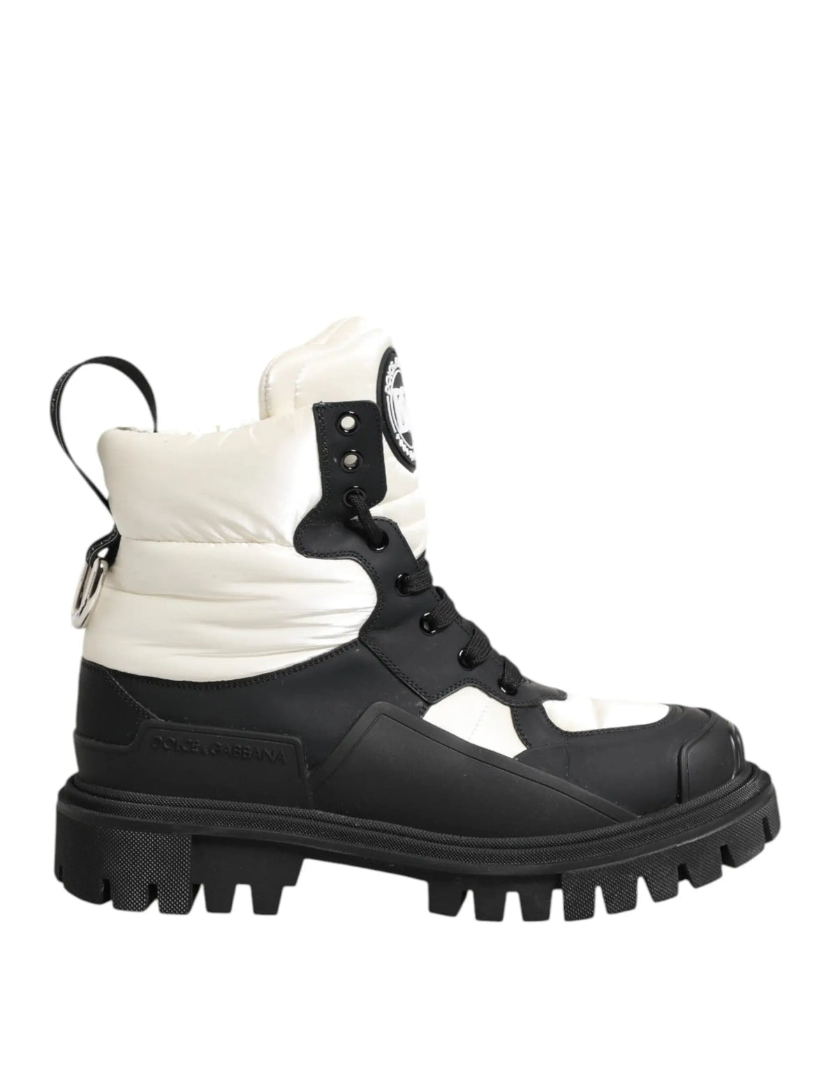Bottes courtes dolce & gabbana noires et blanches avec tige matelassée, semelle en caoutchouc épaisse et lacets noirs