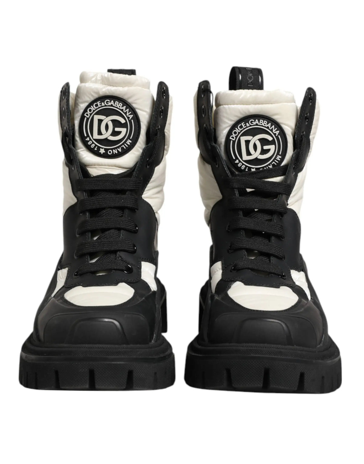 Bottes montantes dolce gabbana noires et blanches avec matelassage et logo audacieux chaussures lacées mi-mollet