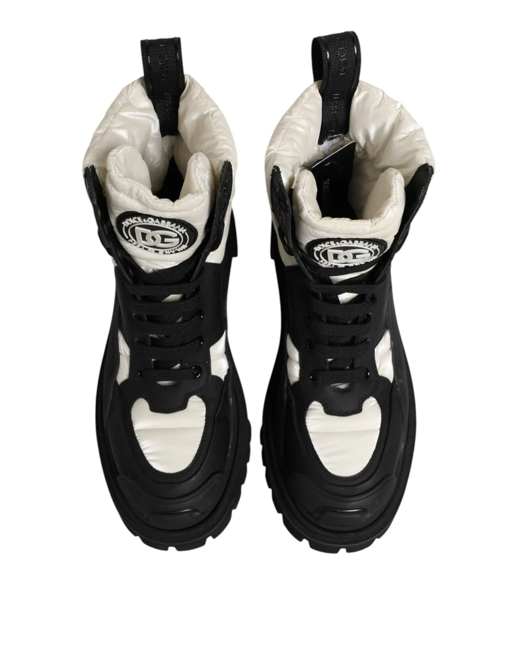 Dolce & gabbana bottes montantes rembourrées noires et blanches avec design matelassé lacets noirs et semelles épaisses