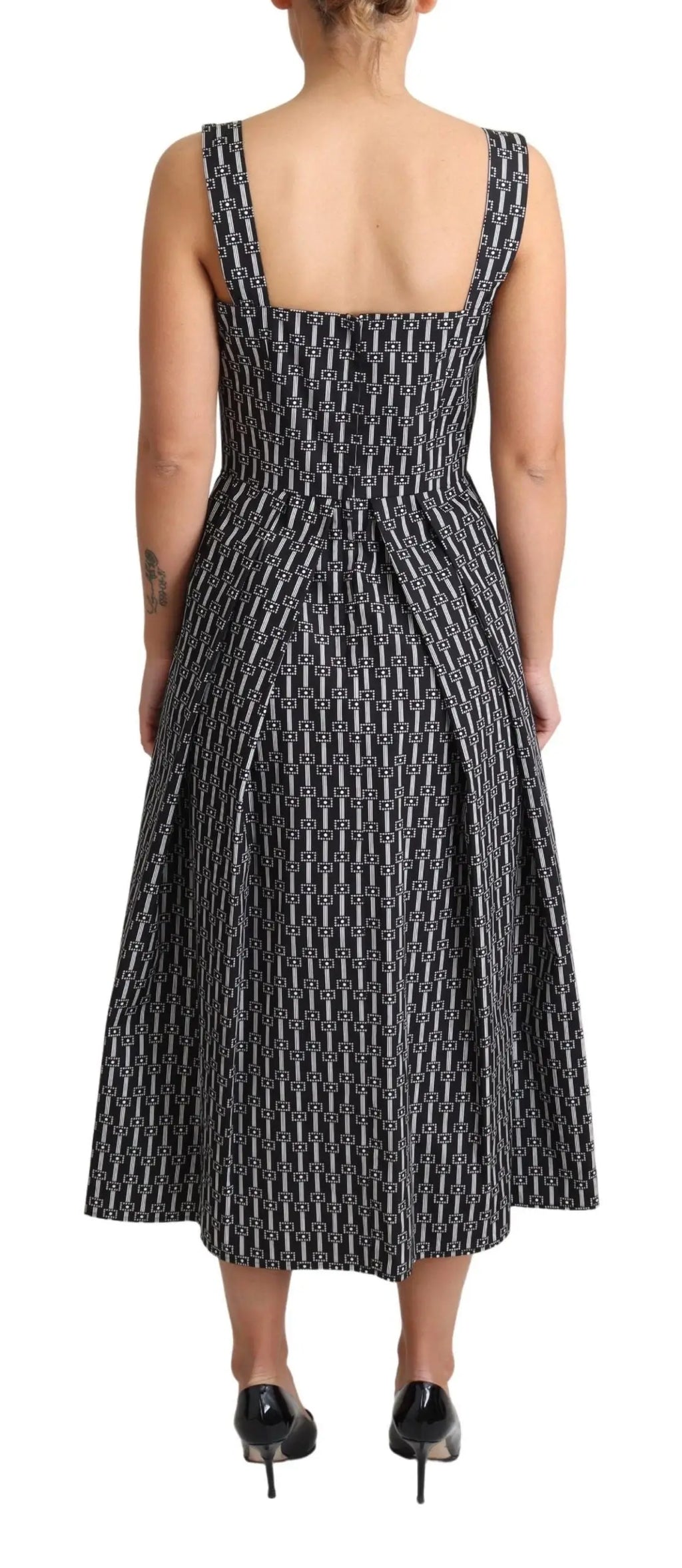 Robe midi dolce et gabbana en coton noir et blanc à motifs avec corsage ajusté, jupe plissée et fines bretelles