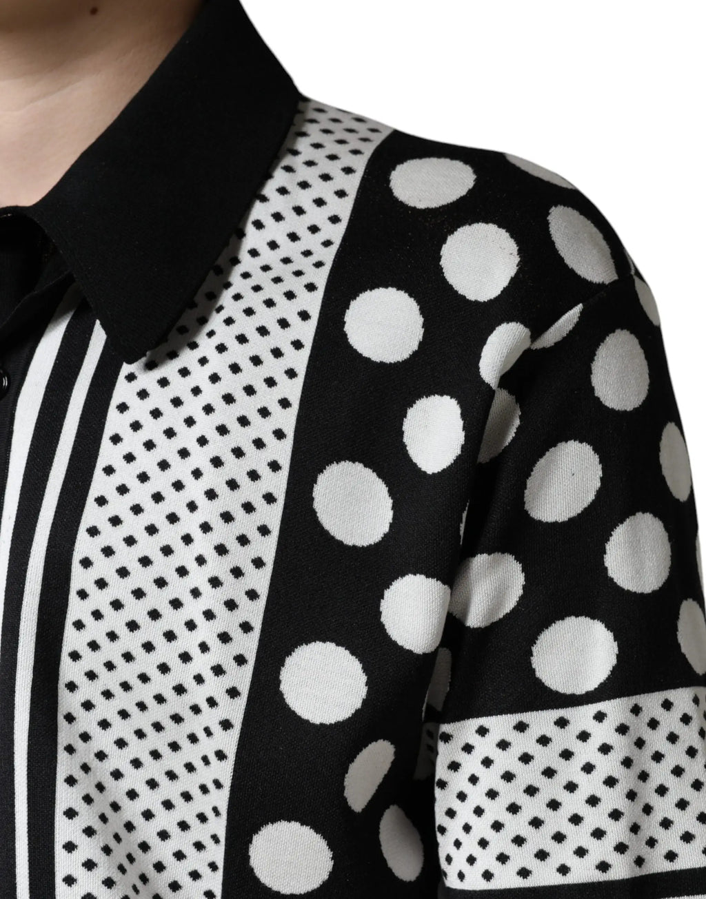 Dolce & gabbana polo t-shirt en maille noire et blanche à pois avec panneau rayé contrastant
