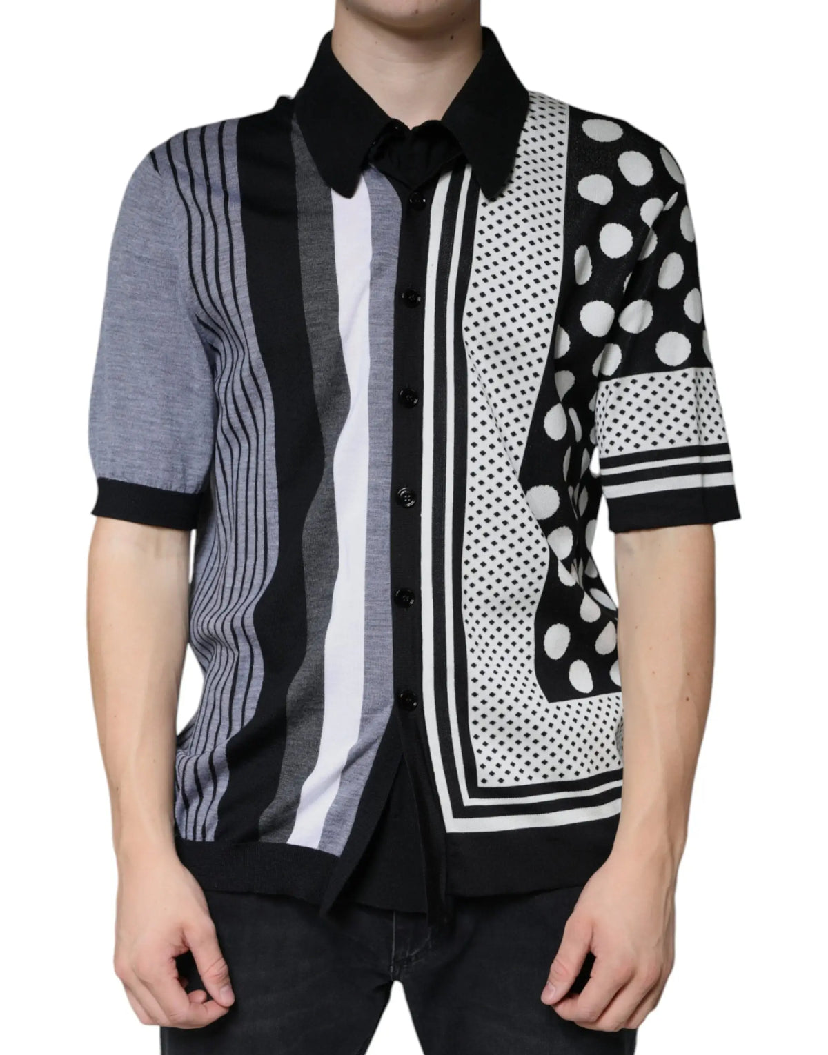 Chemise à manches courtes pour homme dolce & gabbana avec motif géométrique noir blanc gris à pois et rayures
