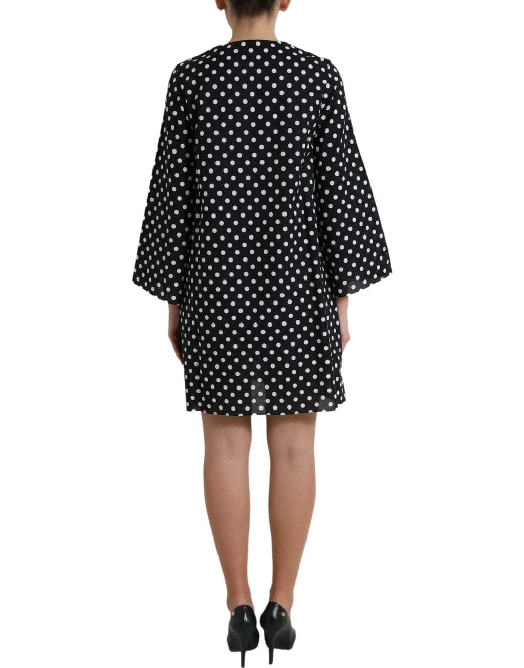 Robe courte noire dolce gabbana en nylon à pois blancs avec manches cloche