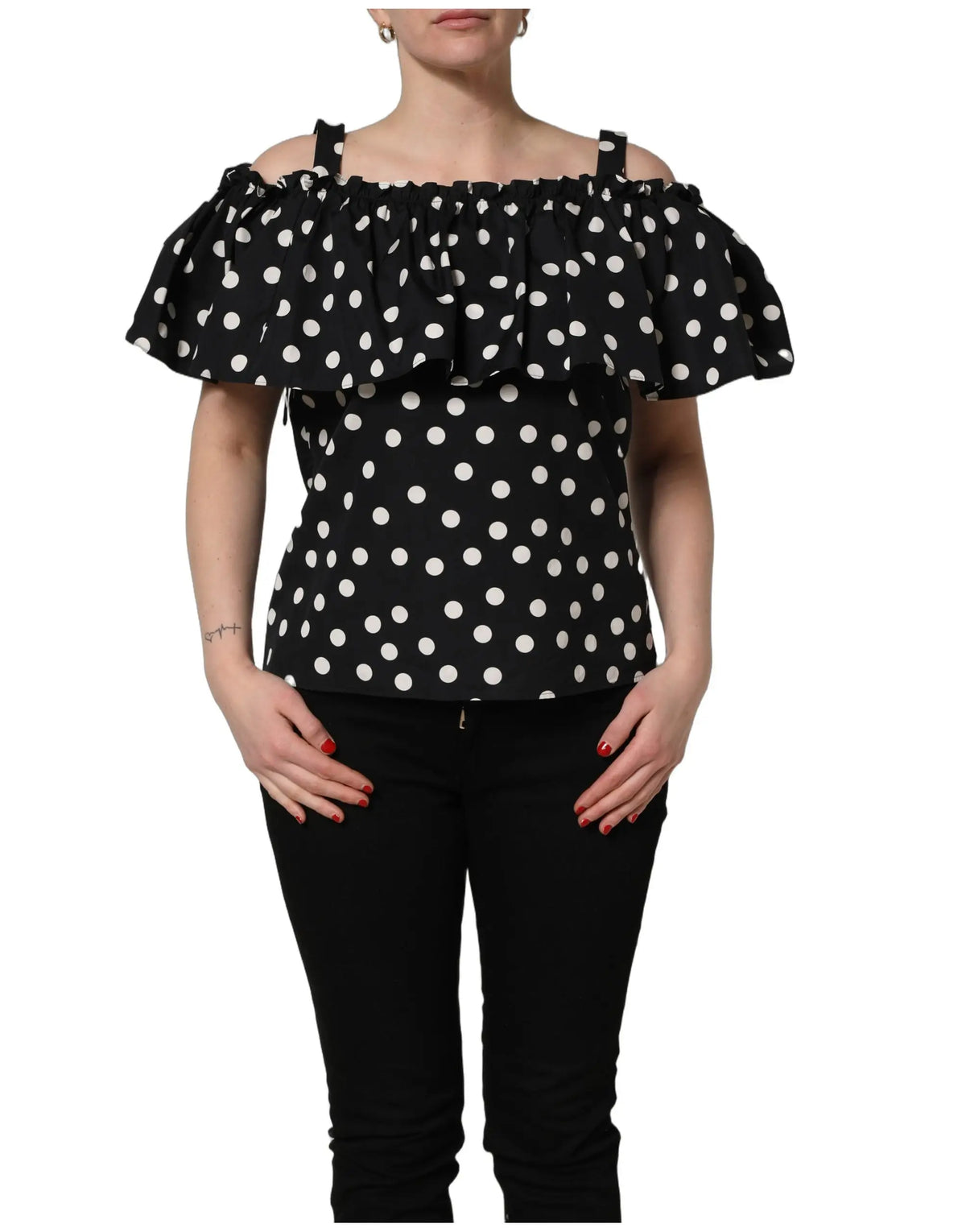 Dolce & gabbana top noir à pois blancs avec épaules dénudées et manches à volants en tissu léger