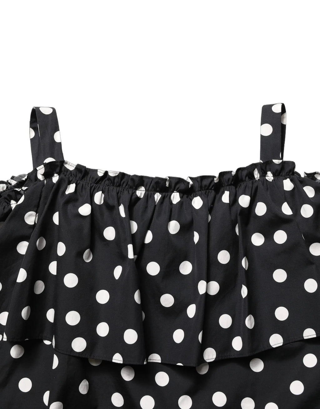 Dolce & Gabbana haut noir et blanc à pois avec épaules dénudées et volants à plusieurs niveaux