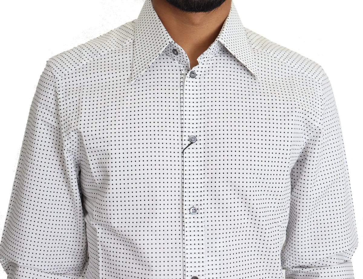 Chemise blanche dolce & gabbana à pois noirs subtils en coton avec boutonnière classique pour homme