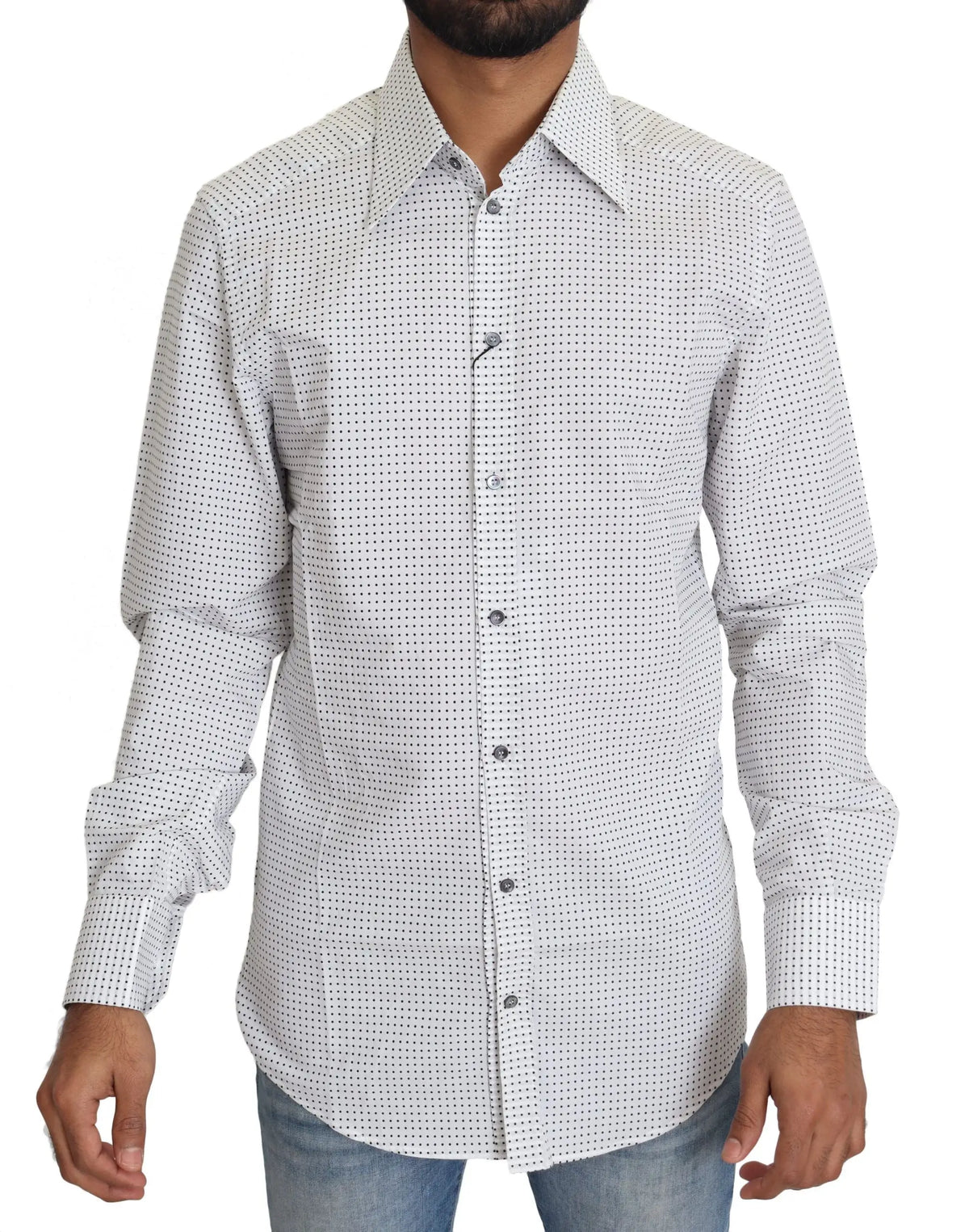 Chemise blanche dolce & gabbana pour homme à manches longues avec boutons et motif subtil de petits pois noirs