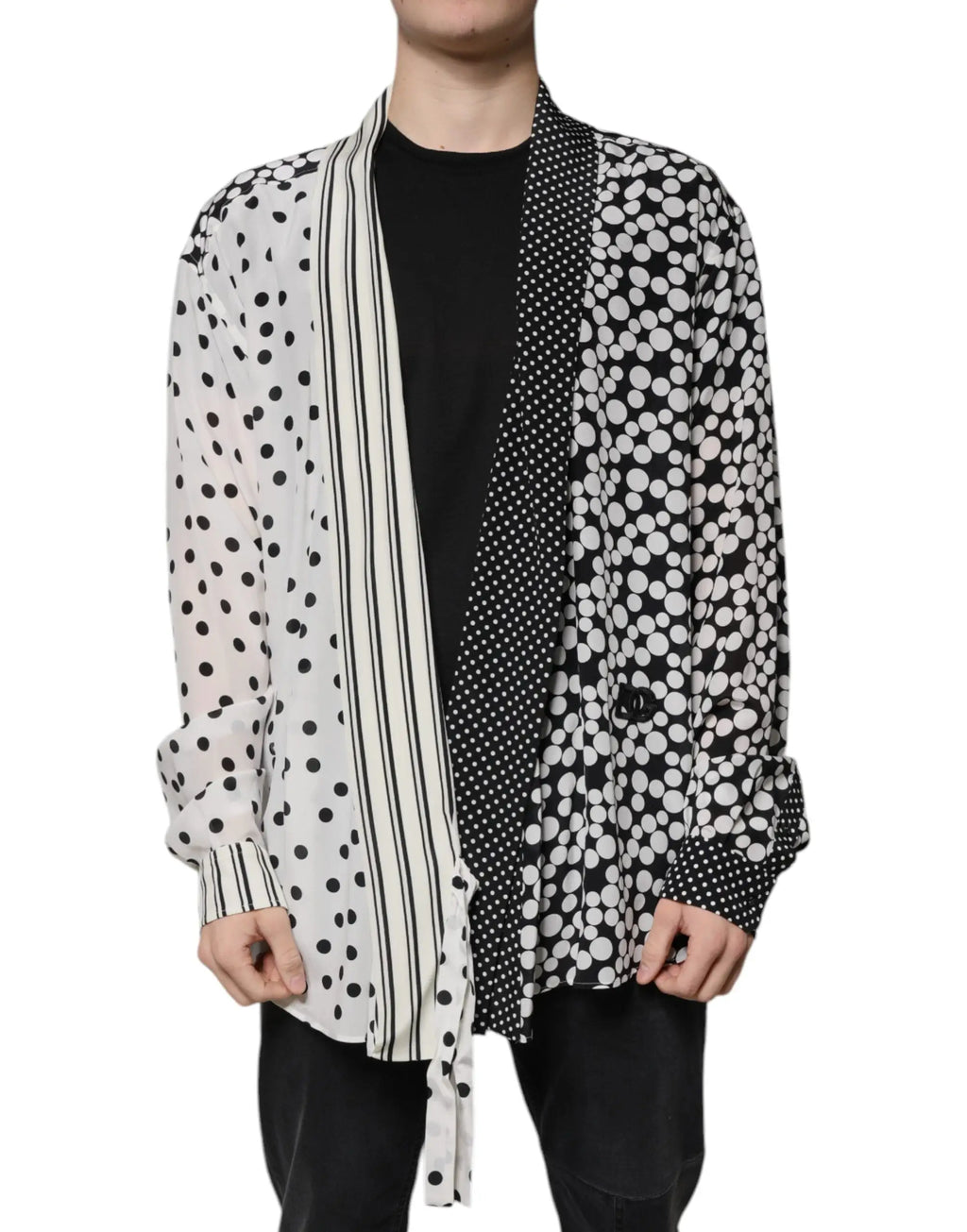 Cardigan ouvert noir et blanc à pois avec panneau rayé en soie dolce gabbana pour homme casual