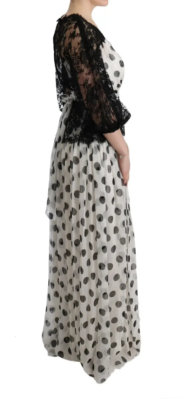 Robe longue noire à pois blancs avec manches en dentelle transparente dolce & gabbana