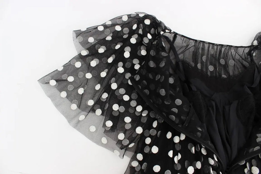 Dolce & gabbana robe noire en tulle transparent avec pois blancs et manches à volants